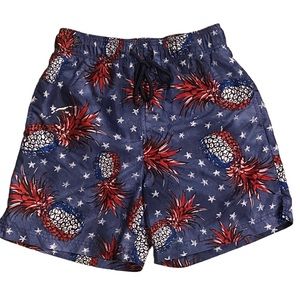George Swim Trunk Shorts Mens Blue Pineapple‎ Mesh Lining Patriotic Size S 28/30